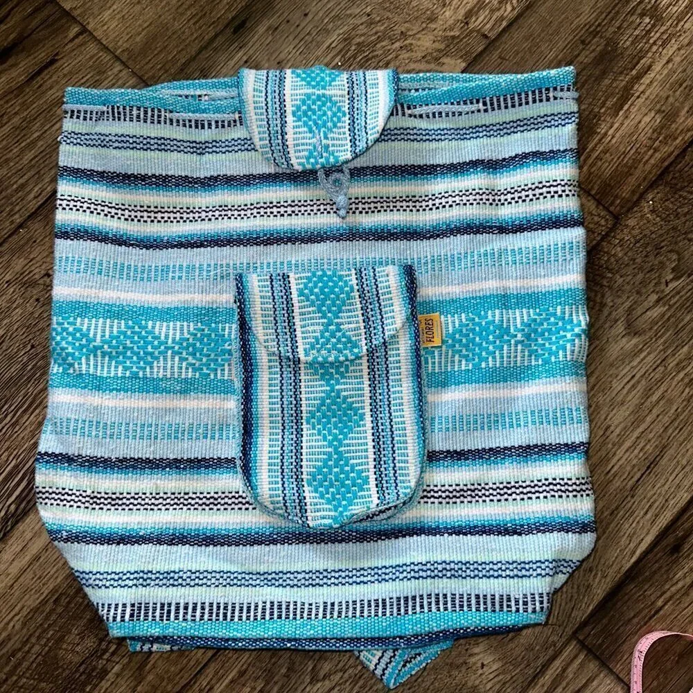 Blue woven striped cotton shoulder bag Indian Style backpack - Picture 5 of 10
